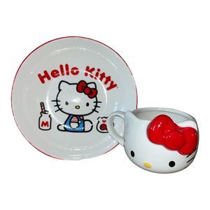 Hello Kitty Bundle A Red Milk & Fish Ceramic Bowl Plate 9" & 3D Mug Sanrio Mug